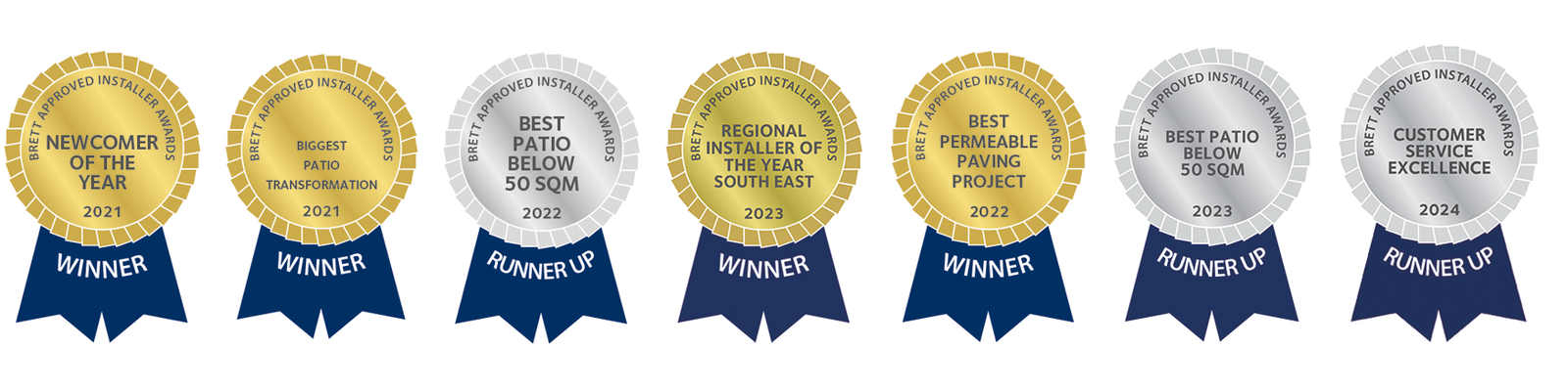 Bellamay Landscaping Awards - Newcomer of the Year 2021, Best Patio Transformation 2021, Best Patio Below 50sqm 2022, Regional Installer of the Year Southeast 2023, Best Permeable Paving Project 2023, Best Patio Below 50sqm 2023, Customer Service Excellence 2024